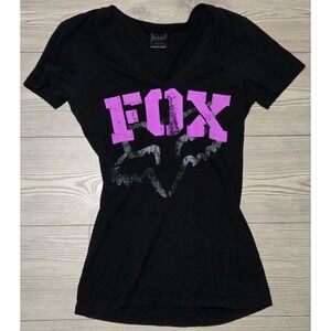 Fox Racing Women's T-Shirt M Black Pink Logo V Neck Short Sleeve Moto Graphic T